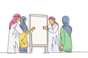 un disegno a tratteggio continuo di un giovane manager musulmano fornisce un brief alla riunione aziendale per discutere la strategia. abbigliamento islamico shemag, kandura, sciarpa, kefiah. illustrazione vettoriale di disegno a linea singola