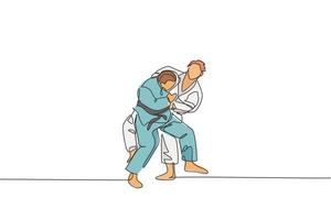 un disegno a linea singola di due giovani energici combattenti judoka combattono combattendo in palestra centro grafico illustrazione vettoriale. concetto di competizione sportiva di arte marziale. moderno disegno a linea continua vettore