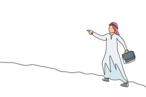 disegno continuo di una linea giovane lavoratore di sesso maschile arabo che cammina e punta il dito verso il suo collega d'ufficio. successo business manager concetto minimalista. illustrazione grafica vettoriale di disegno di disegno a linea singola
