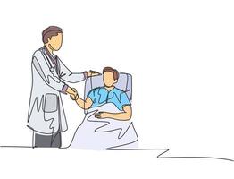 il disegno a tratteggio continuo del giovane medico visita un paziente sdraiato a letto in ospedale e gli stringe la mano per chiedere la condizione - un vettore di disegno a tratteggio
