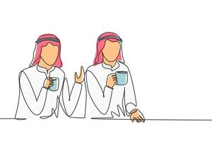 continua una linea che disegna due giovani uomini arabi seduti davanti a una tazza di caffè e parlando dei piani di lavoro in ufficio. concetto di stile di vita di successo. illustrazione grafica vettoriale di disegno di disegno a linea singola