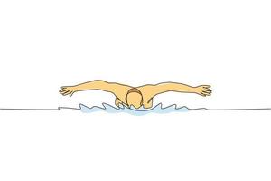 un disegno a linea continua di un giovane nuotatore professionista muscoloso che nuota nel centro sportivo. concetto di esercizio cardio sano sport e fitness. illustrazione vettoriale dinamica del disegno a linea singola