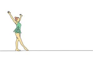 singolo continuo linea disegno di giovane bellezza professionale ginnasta ragazza eseguire pavimento esercizio. ritmico ginnastica formazione e allungamento concetto. di moda uno linea disegnare design vettore illustrazione