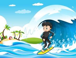 grande onda nella scena dell'oceano con il ragazzo in piedi su una tavola da surf vettore