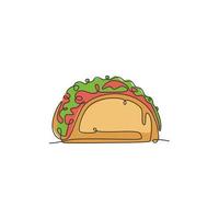 un disegno a linea continua dell'emblema del logo del ristorante tacos messicano delizioso fresco. concetto di modello di logo del negozio di fast food cafe. illustrazione grafica vettoriale moderna con disegno a linea singola