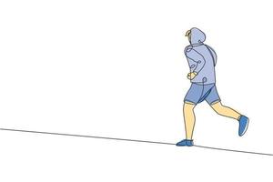 uno continuo linea disegno di giovane sportivo corridore uomo rilassare in esecuzione a campagna. salutare stile di vita e divertimento jogging sport concetto. dinamico singolo linea disegnare design grafico vettore illustrazione