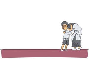 un disegno a tratteggio continuo di una giovane madre islamica abbraccia suo figlio prima di andare a scuola. concetto di famiglia genitorialità amorevole musulmano arabo felice. illustrazione vettoriale di disegno dinamico a linea singola