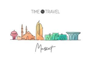 un disegno a linea singola dello skyline della città di Muscat, oman. paesaggio storico della città nel mondo. migliore destinazione per le vacanze. tratto modificabile illustrazione grafica vettoriale di disegno a linea continua alla moda