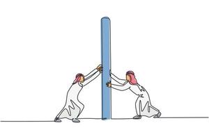 singolo disegno a tratteggio di due giovani imprenditori maschi arabi che spingono il muro per vincere la battaglia. concetto minimo di concorrenza aziendale. illustrazione vettoriale grafica di disegno di disegno di linea continua moderna