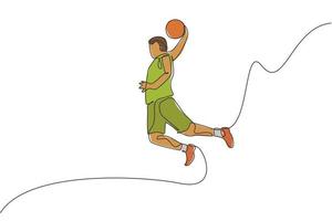 un disegno a linea singola di un giovane energico giocatore di basket slam dunk illustrazione vettoriale. concetto di competizione sportiva. moderno disegno a linea continua per poster e banner di tornei di basket vettore