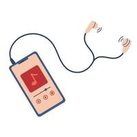 illustrazione di smartphone con cuffie su un' bianca sfondo. mobile dispositivo per ascoltando musica con cablata cuffia, disegnato a mano nel un' di moda stile. vettore