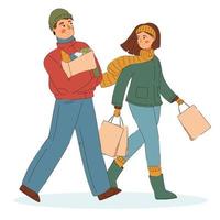 coppia di contento uomo e donna con shopping borse vettore