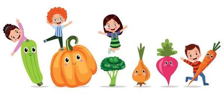 divertente cartone animato personaggi. carino verdure e bambini vettore impostato