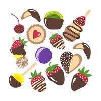 vettore cioccolato dolci impostare. mano disegnato cartone animato cioccolato dolce isolato. frutta nel bianca e buio cioccolato. fragola, kiwi, Banana, ciliegia, biscotto, canapè, cupcake.