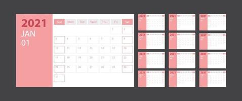calendario 2021 settimana inizia domenica modello di pianificatore di corporate design con tema rosa vettore