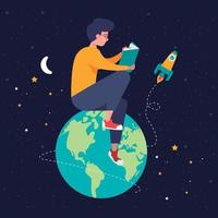 mondo libro giorno - ragazzo lettura su pianeta terra vettore