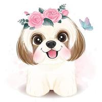 carino piccolo shih tzu con illustrazione floreale vettore