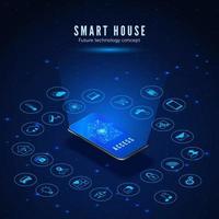 inteligente Casa concetto. smartphone con Casa circuito silhouette su schermo e icone impostare. inteligente casa monitoraggio e controllo sistemi. vettore illustrazione