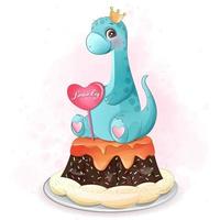 simpatico dinosauro seduto nell'illustrazione della torta vettore