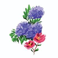 bellissimo astratto viola ortensia fiori e rosa fiore con verde le foglie vettore illustrazione isolato su pianura piazza bianca sfondo. botanico naturale giardino arte con semplice piatto arte stile.