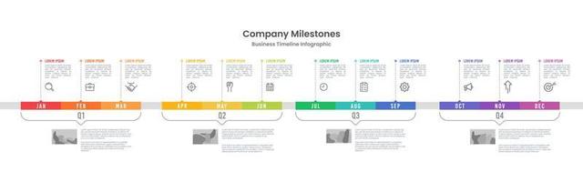 Infografica modello per attività commerciale. 12 mesi sequenza temporale per successo. presentazione, tabella di marcia, pietra miliare. vettore illustrazione.