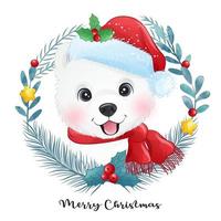 cucciolo carino doodle per Natale con illustrazione ad acquerello vettore
