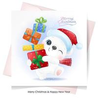simpatico orso polare doodle per Natale con illustrazione ad acquerello vettore