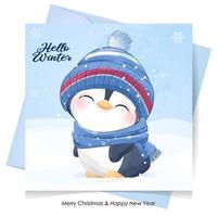 simpatico pinguino doodle per Natale con illustrazione ad acquerello vettore