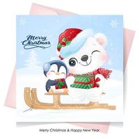 simpatico orso polare doodle e pinguino per il giorno di Natale con illustrazione ad acquerello vettore