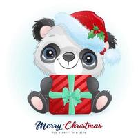 simpatico panda doodle per il giorno di Natale con illustrazione ad acquerello vettore