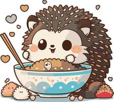 carino cartone animato riccio mangiare giapponese Alimenti vettore