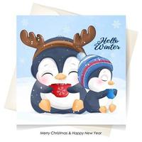 simpatici pinguini doodle per il giorno di Natale con illustrazione ad acquerello vettore