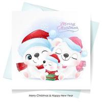 carino doodle famiglia di orsi polari per Natale con illustrazione ad acquerello vettore