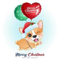 corgi carino doodle per il giorno di Natale con illustrazione ad acquerello vettore