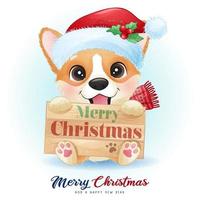 corgi carino doodle per il giorno di Natale con illustrazione ad acquerello vettore