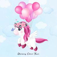 unicorno carino doodle volando con illustrazione palloncino vettore