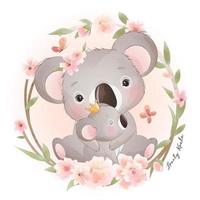 carino doodle koala bear con illustrazione floreale vettore