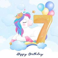 unicorno carino doodle con illustrazione di numerazione vettore