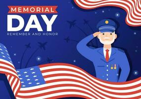 memoriale giorno illustrazione con americano bandiera, ricorda e onore per meritorio soldato nel piatto cartone animato mano disegnato per atterraggio pagina modelli vettore