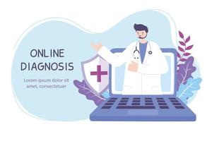 banner di diagnosi online con medico e laptop vettore