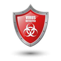 virus rilevato sullo scudo rosso isolato su sfondo bianco, illustrazione vettoriale