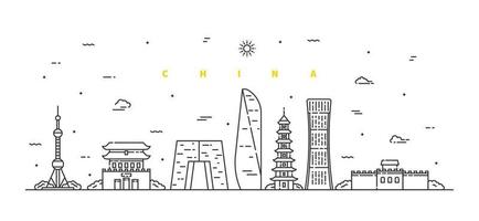 Cina paesaggio. vettore di paesaggio moderno linea piatta. illustrazione di arte di linea di paesaggio urbano con edificio, torre, grattacieli, tempio. illustrazione vettoriale.