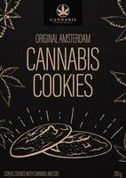 biscotti alla cannabis, design della confezione nera in stile doodle con biscotti alla cannabis e foglie di marijuana. copertina nera per prodotti a base di cannabis vettore