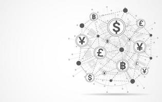 connessione di rete globale. moneta di valuta. trasferimento di denaro. punto della mappa del mondo e concetto di composizione della linea del business globale. illustrazione vettoriale