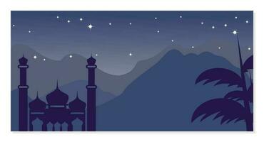 islamico blu montagne sfondo, con ornato silhouette di moschea e notte stelle. vettore modello per striscioni, saluto carte per islamico vacanze.