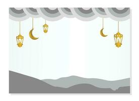 islamico sfondo con ornamento di lanterna, Luna, nuvole e montagne Ramadan mese bandiera e saluto carta modello. vettore
