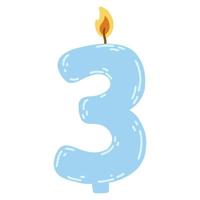 candela numero tre nel piatto stile. mano disegnato vettore illustrazione di 3 simbolo ardente candela, design elemento per compleanno torte