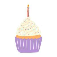 mano disegnato delizioso Cupcake con un' ardente candela nel cartone animato stile. vettore illustrazione di dolci, dolce, pasticcini per compleanno, anniversario, festa