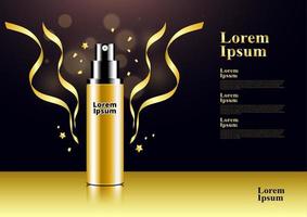poster di prodotto cosmetico sfondo oro nero bokeh con disegno vettoriale pacchetto spray coriandoli nastro
