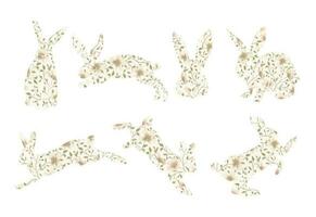 acquerello stile coniglio silhouette illustrazione impostato con primavera fiorire fiori. vettore